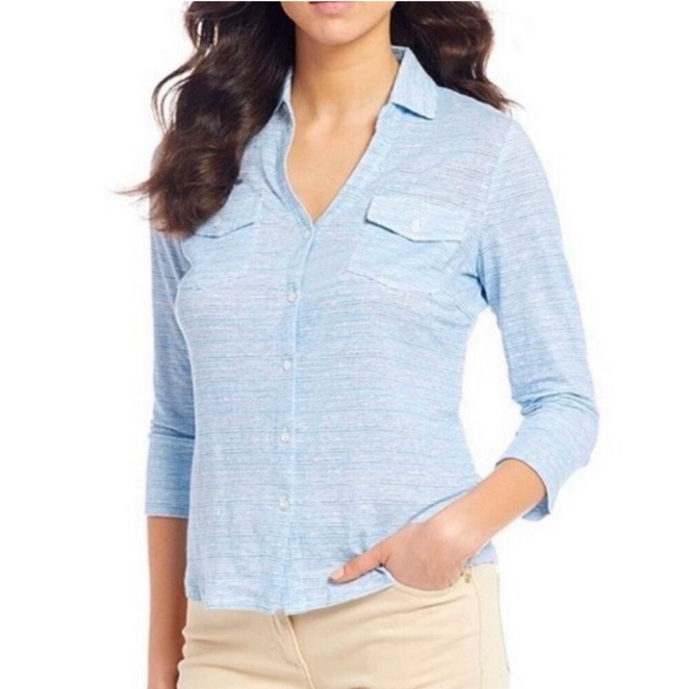 J. McLaughlin Brynn Linen Button Down Blue Top size XL
